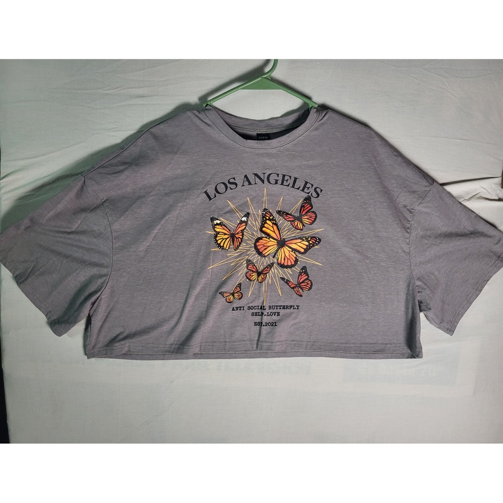 Los Angeles Butterfly Crop Top Shirt Womens XL Gray Anti Social Butterfly